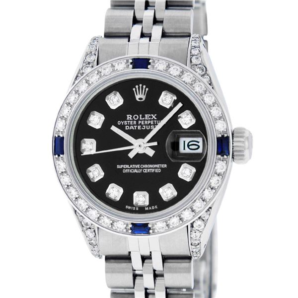 Rolex Ladies Stainless Steel Black Diamond & Sapphire Datejust Wristwatch
