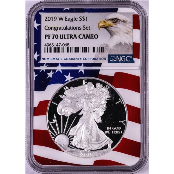 2019-W $1 Proof American Silver Eagle Coin NGC PF70 Ultra Cameo Congratulations Flag
