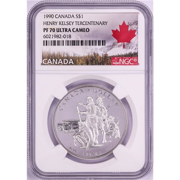 1990 $1 Proof Canada Henry Kelsey Tercentenary Silver Dollar Coin NGC PF70 Ultra Cameo
