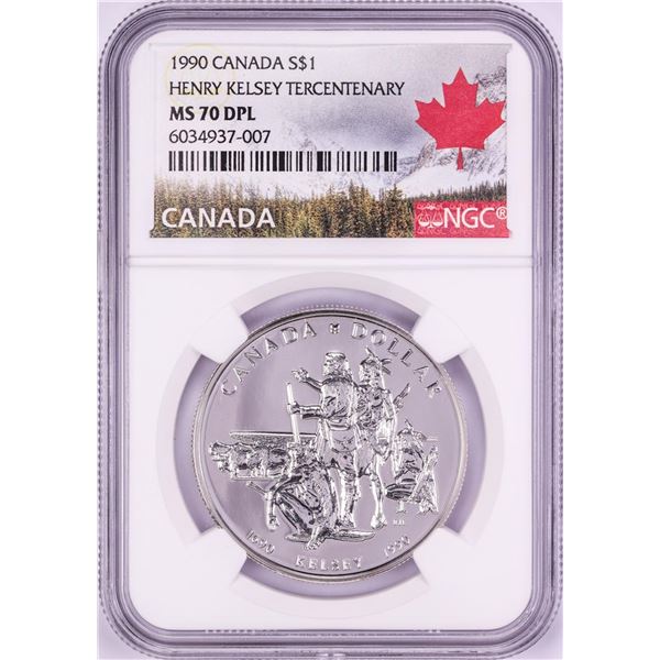 1990 $1 Canada Henry Kelsey Tercentenary Silver Dollar Coin NGC MS70 DPL