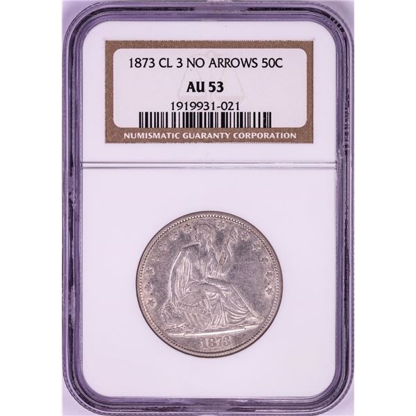 1873 Closed 3 No Arrows Seated Liberty Half Dollar Coin NGC AU53