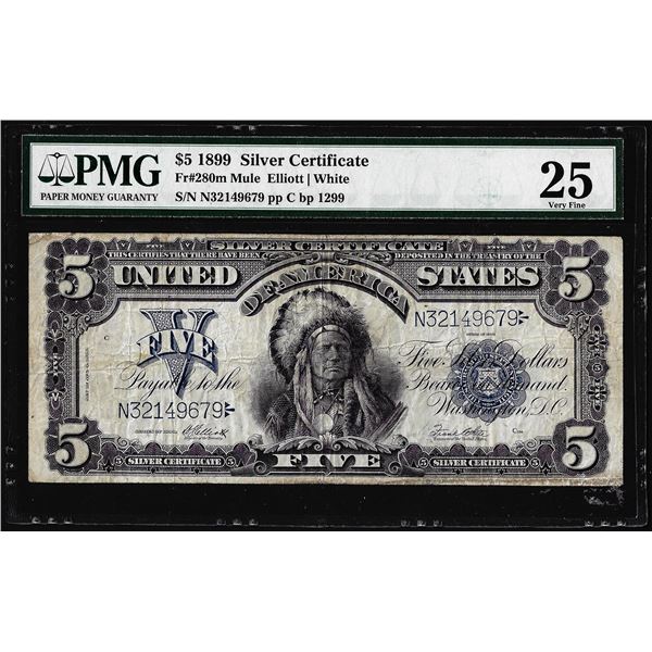 1899 $5 Indian Chief Silver Certificate Note Fr.280m Mule PMG Very Fine 25