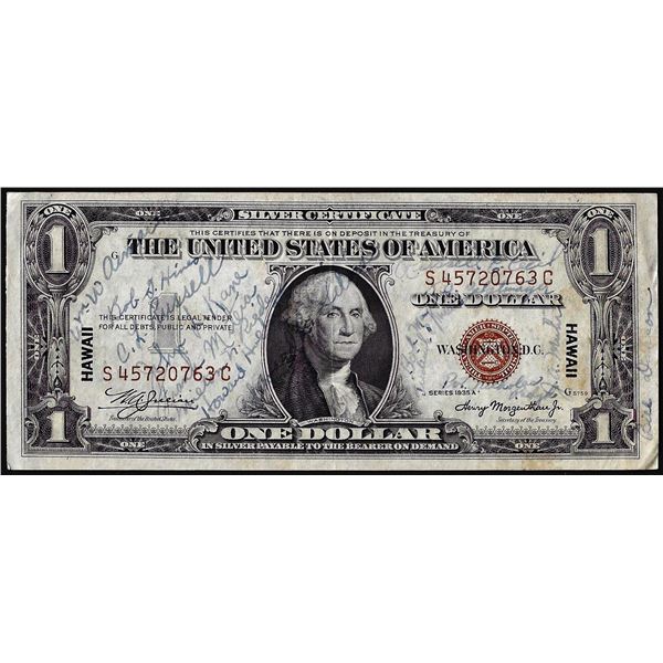 Short Snorter Signed 1935A $1 Hawaii WWII Emergency Silver Certificate Note