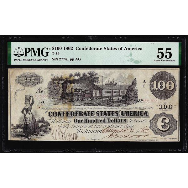 1862 $100 Confederate States of America Note T-39 PMG About Uncirculated 55