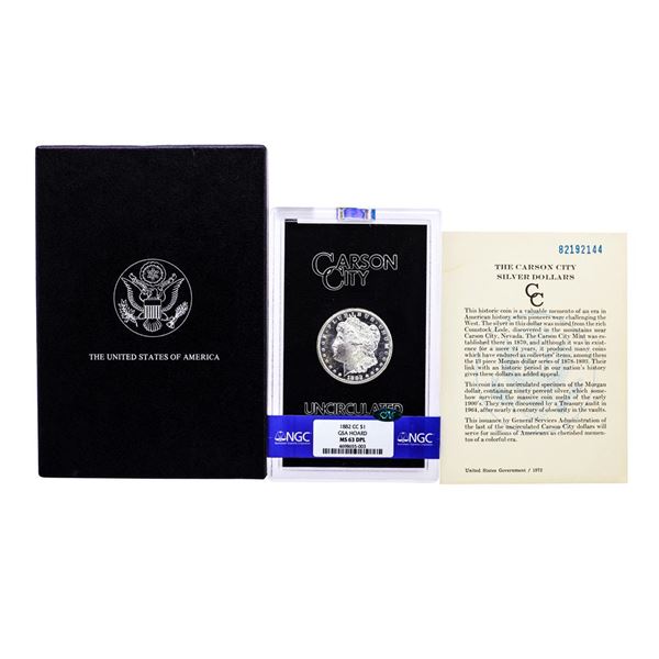 1882-CC $1 Morgan Silver Dollar Coin GSA Hoard NGC MS63 DPL CAC w/Box & COA