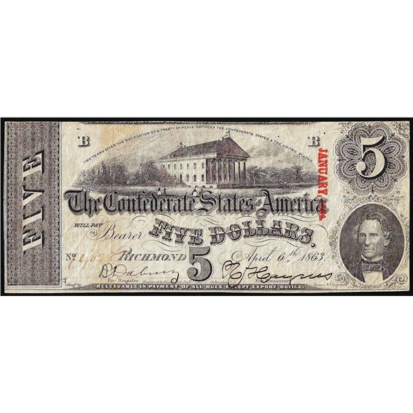 1863 $5 The Confederate States of America Note