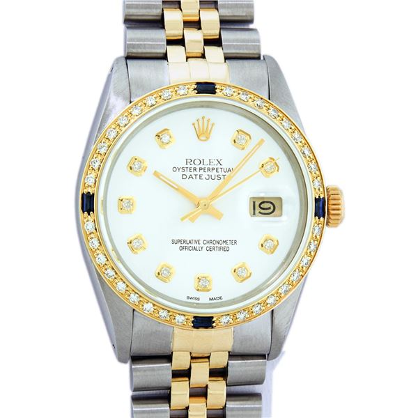 Rolex Men's Two Tone White Diamond & Sapphire Datejust Oyster Perpetual Wristwatch