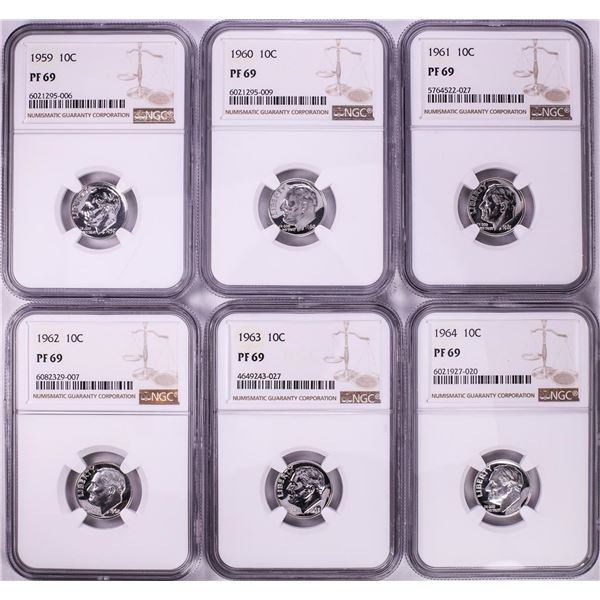 Lot of 1959-1964 Proof Roosevelt Dime Coins NGC PF69