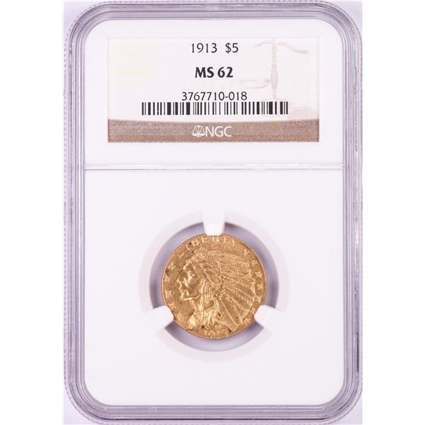 1913 $5 Indian Head Half Eagle Gold Coin NGC MS62