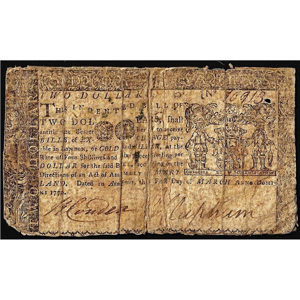 March 1, 1770 $2 Maryland Colonial Currency Note