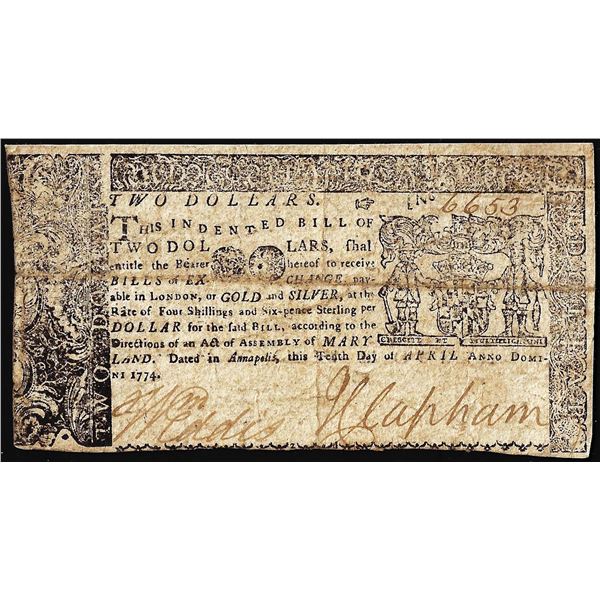 April 10, 1774 $2 Maryland Colonial Currency Note