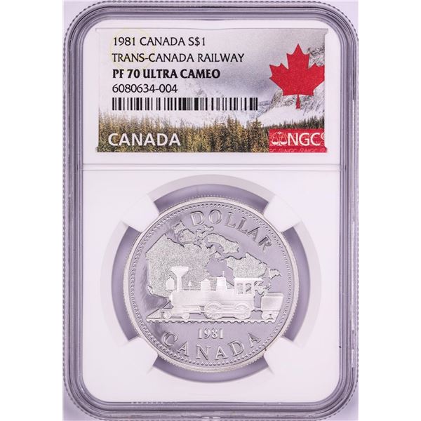 1981 $1 Proof Trans-Canada Railway Silver Dollar Coin NGC PF 70 Ultra Cameo