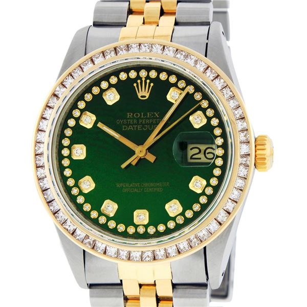 Rolex Men's Two Tone Green Vignette Princess Cut Diamond Datejust Wristwatch