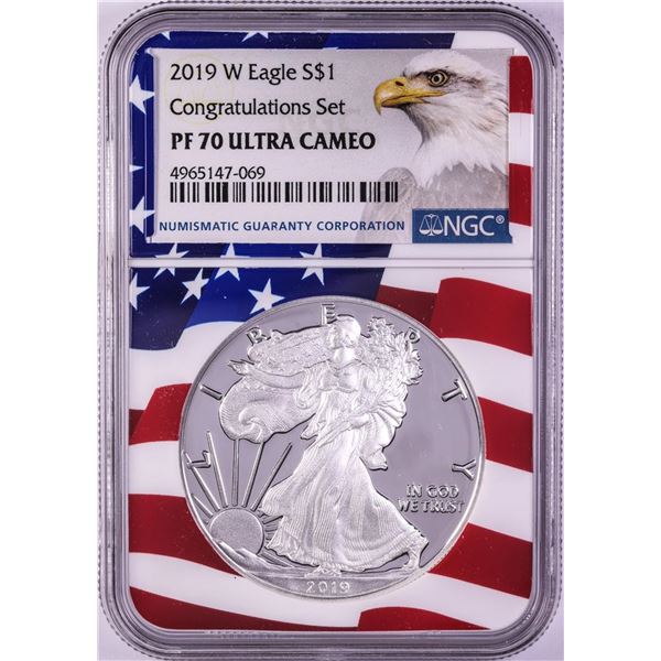 2019-W $1 Proof American Silver Eagle Coin NGC PF70 Ultra Cameo Congratulations Flag
