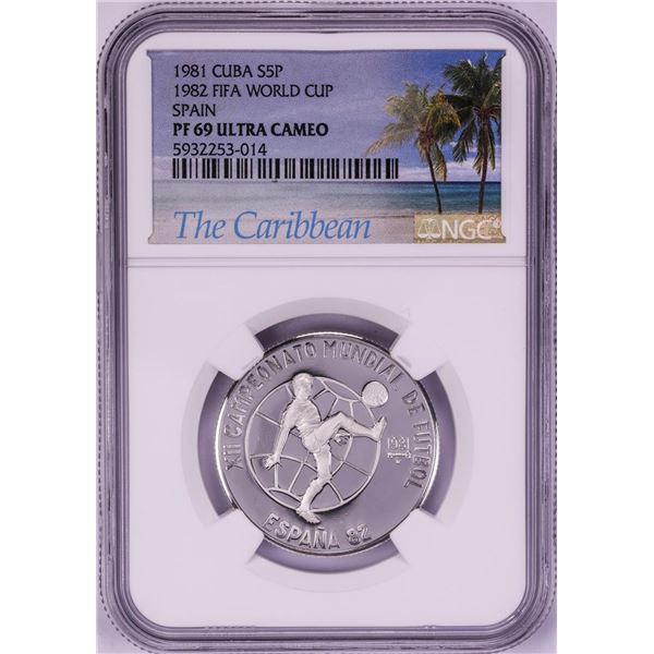 1981 Cuba 5 Pesos Proof FIFA World Cup Spain Silver Coin NGC PF69 Ultra Cameo