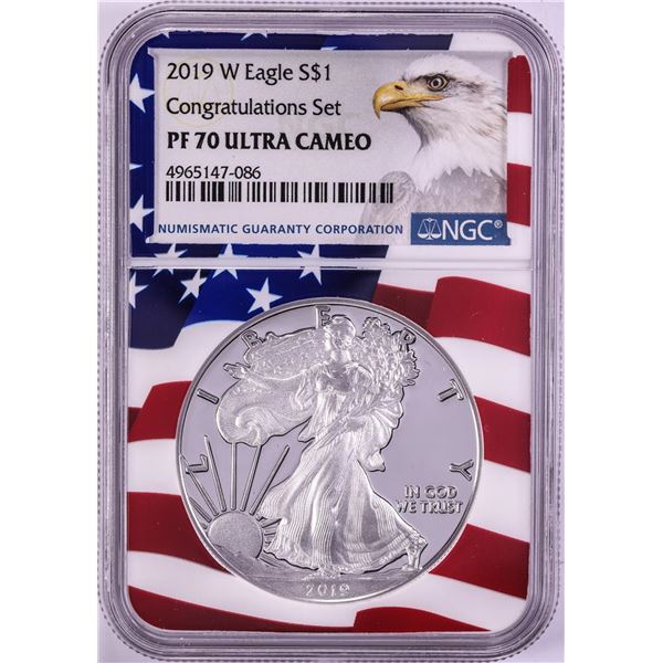2019-W $1 Proof American Silver Eagle Coin NGC PF70 Ultra Cameo Congratulations Flag