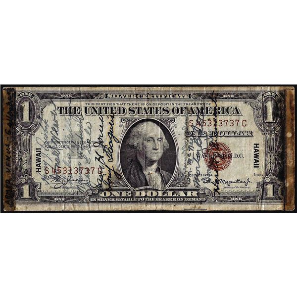 Short Snorter Signed 1935A $1 Hawaii WWII Emergency Silver Certificate Note