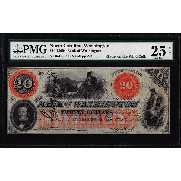 1860's $20 Bank of Washington North Carolina Obsolete Note PMG Very Fine 25 Net