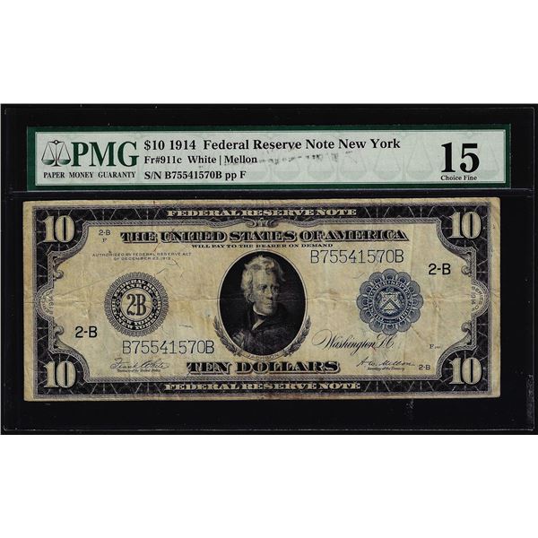 1914 $10 Federal Reserve Note New York Fr.911c PMG Choice Fine 15