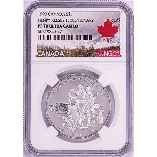 1990 $1 Proof Canada Henry Kelsey Tercentenary Silver Dollar Coin NGC PF70 Ultra Cameo