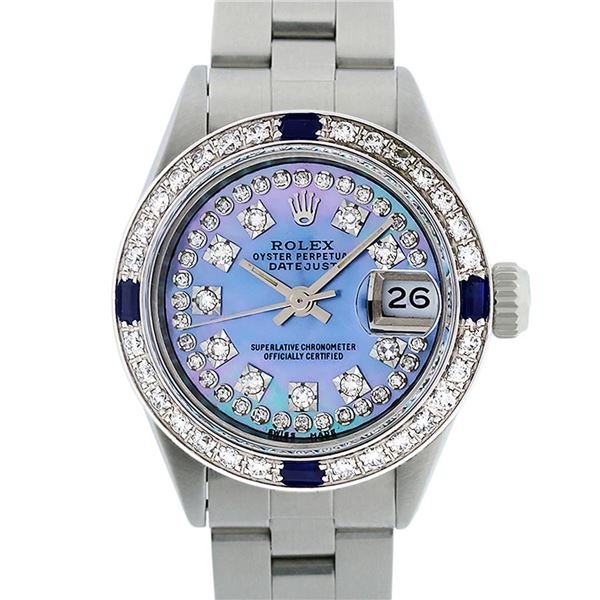 Rolex Ladies SS Blue Mother Of Pearl Diamond & Sapphire Wristwatch