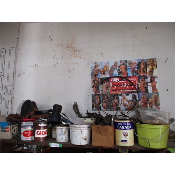 Band saw blades, trailer winch (no cable), hose clamp + misc