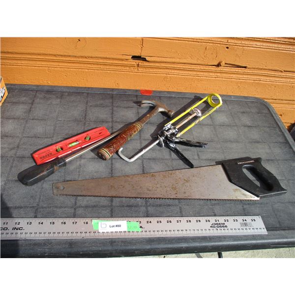 level, hand saw, hammer, screwdriver