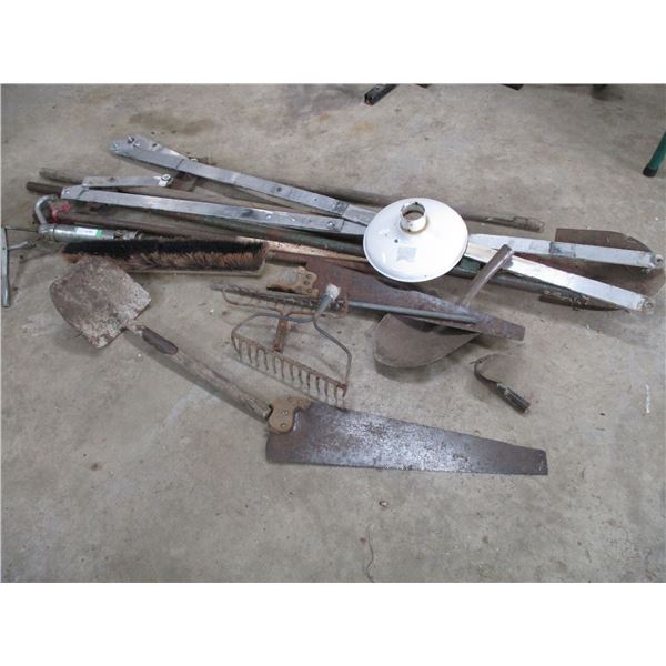 scrap iron, shovels, barrel pump, misc