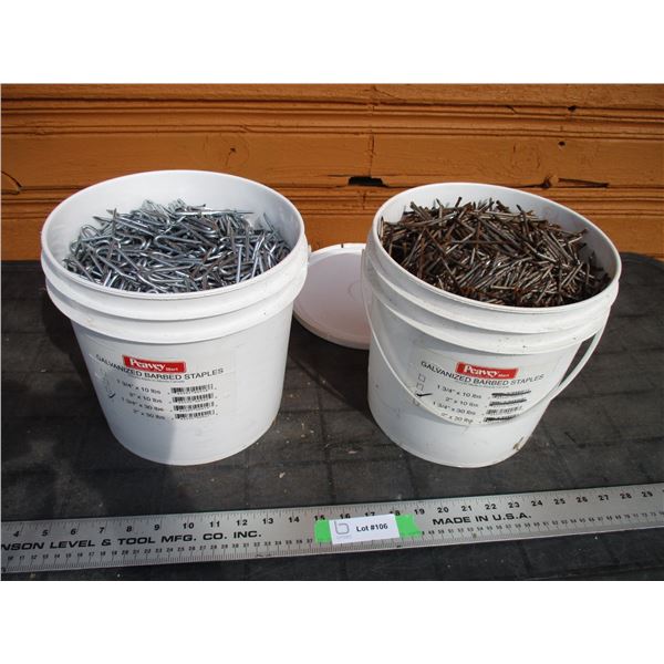 2X The Money - pail of galvanized barbed staples, pail of 3" nails