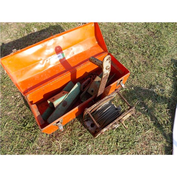 Orange Metal Toolbox with Assorted Hitch Parts