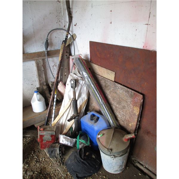 Hockey Sticks, Vintage skates, boat tank hose, wooden stakes, galvanized pail, misc