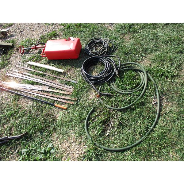 Gas Can, saw blade, hose, extension cord, magnet