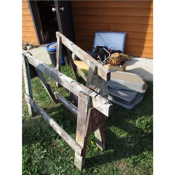 Wooden saw horses, furance filters, toolbelt with misc