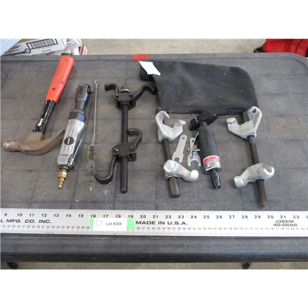 metal clamps, hammer, air die grinder, air ratchet