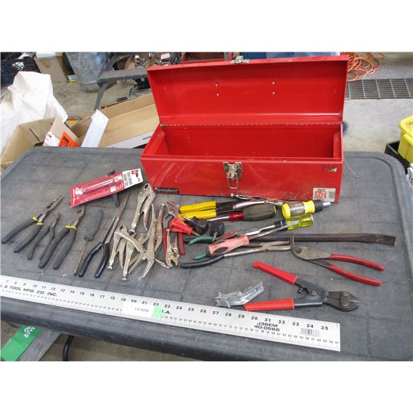 metal toolbox with pliers, vice grips, misc