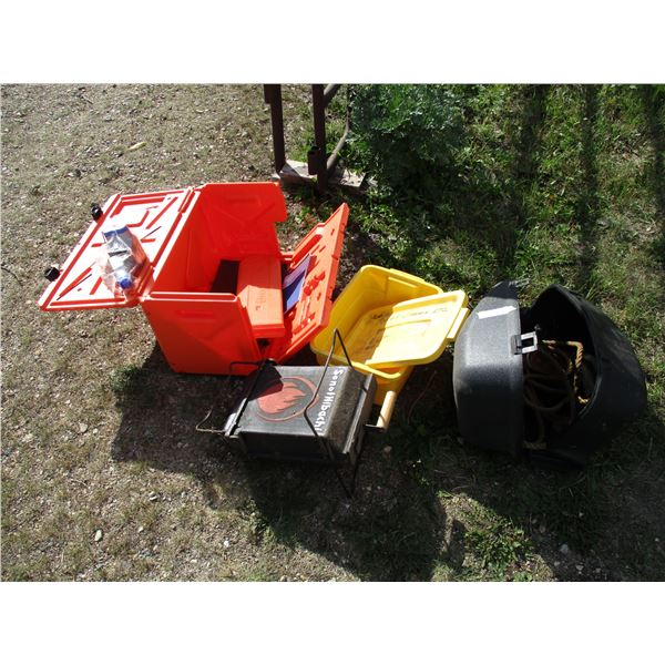 Hibachi, empty chainsaw cases, block n tackle, misc