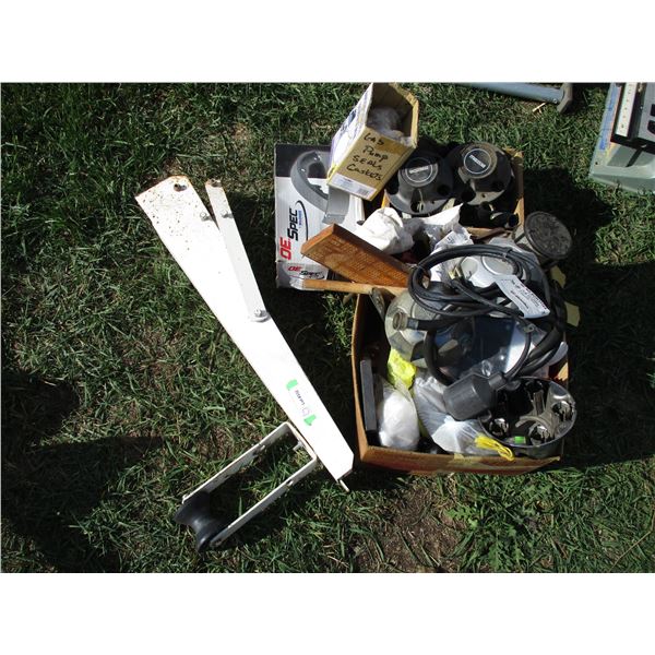 Box of ABS fittings, center caps, pressure system ceptic tank related, misc