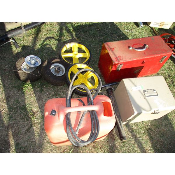 Tires, gas can (modified) meatl toolbox + misc