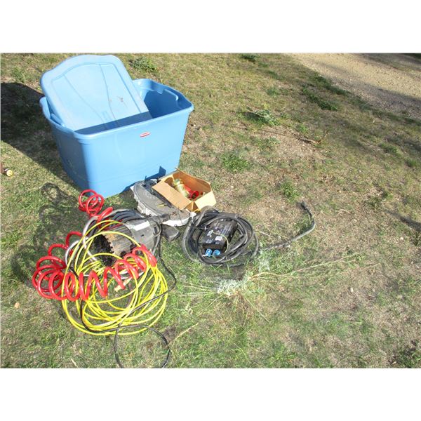 Air hose, sump pump, plastic nozzles, misc with plastic tote