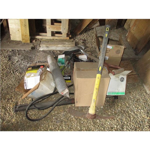 Furnace motor, paige wire, pick, shovel, misc