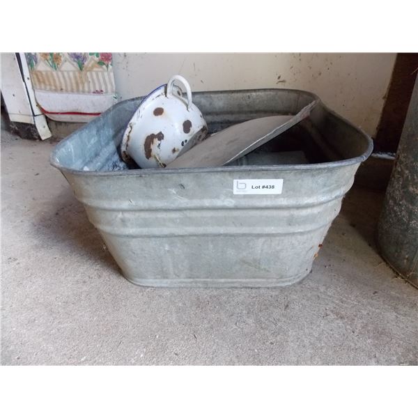 galvanized washtub with watering can + lard tin