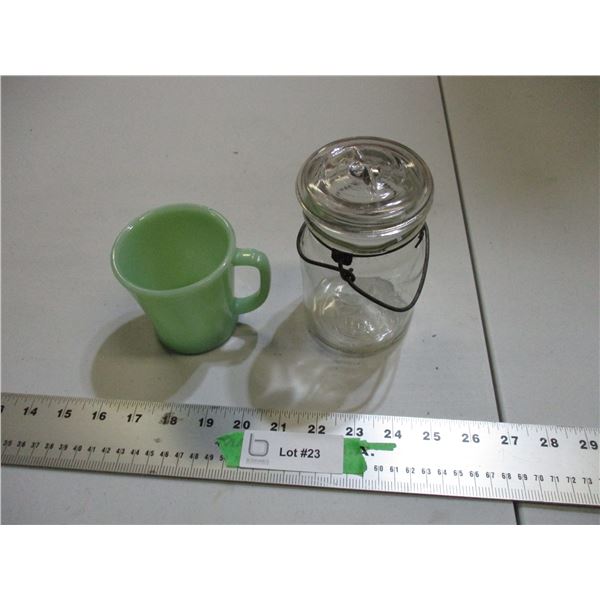 Jadeite Fire King cup + perfect seal mason jar