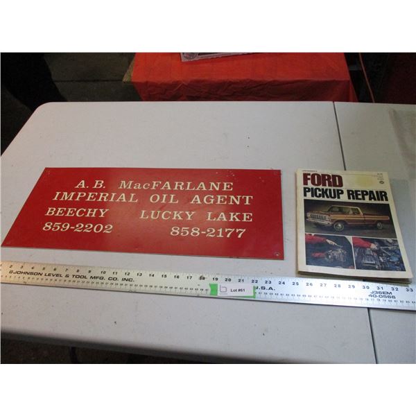 Plastic advertising sign 10"x24" - Ford pickup repair manual
