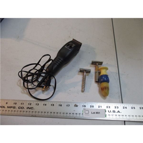 Conair clipper, straight razors + shaving brush