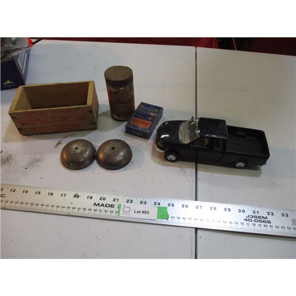 skim milk cheese wooden box, plastic toy truck + misc