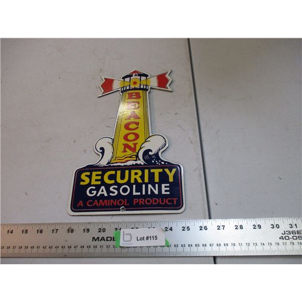 Beacon security gasoline porcelain sign 12" long