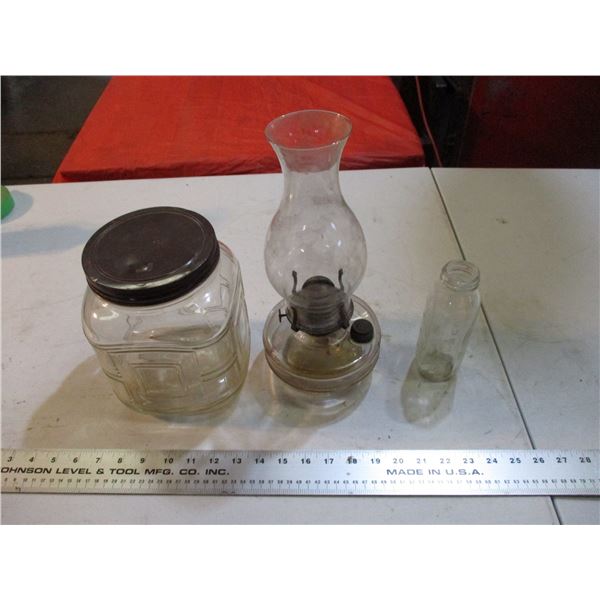 Glass chimney with lamp + bottle + jar