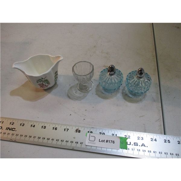 Salt + Pepper shakers with misc