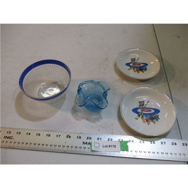 vintage glass basket, bowl + 2 curling collector plates