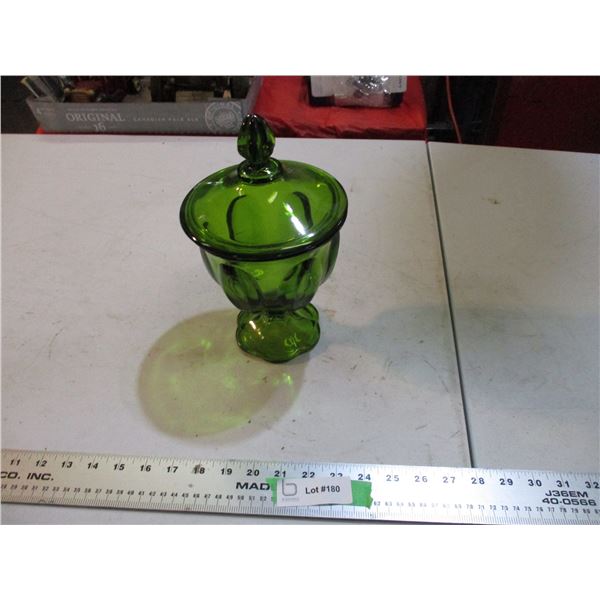 green glass candy dish? with lid (lid has chip)